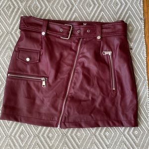 New Brown Faux Leather Belted zip casual Mini Skirt, Size M